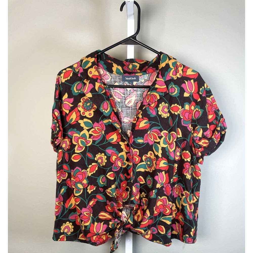 Modcloth Women's XL Linen Blend Floral Blouse Tie Front Cropped Top Shirt Beach